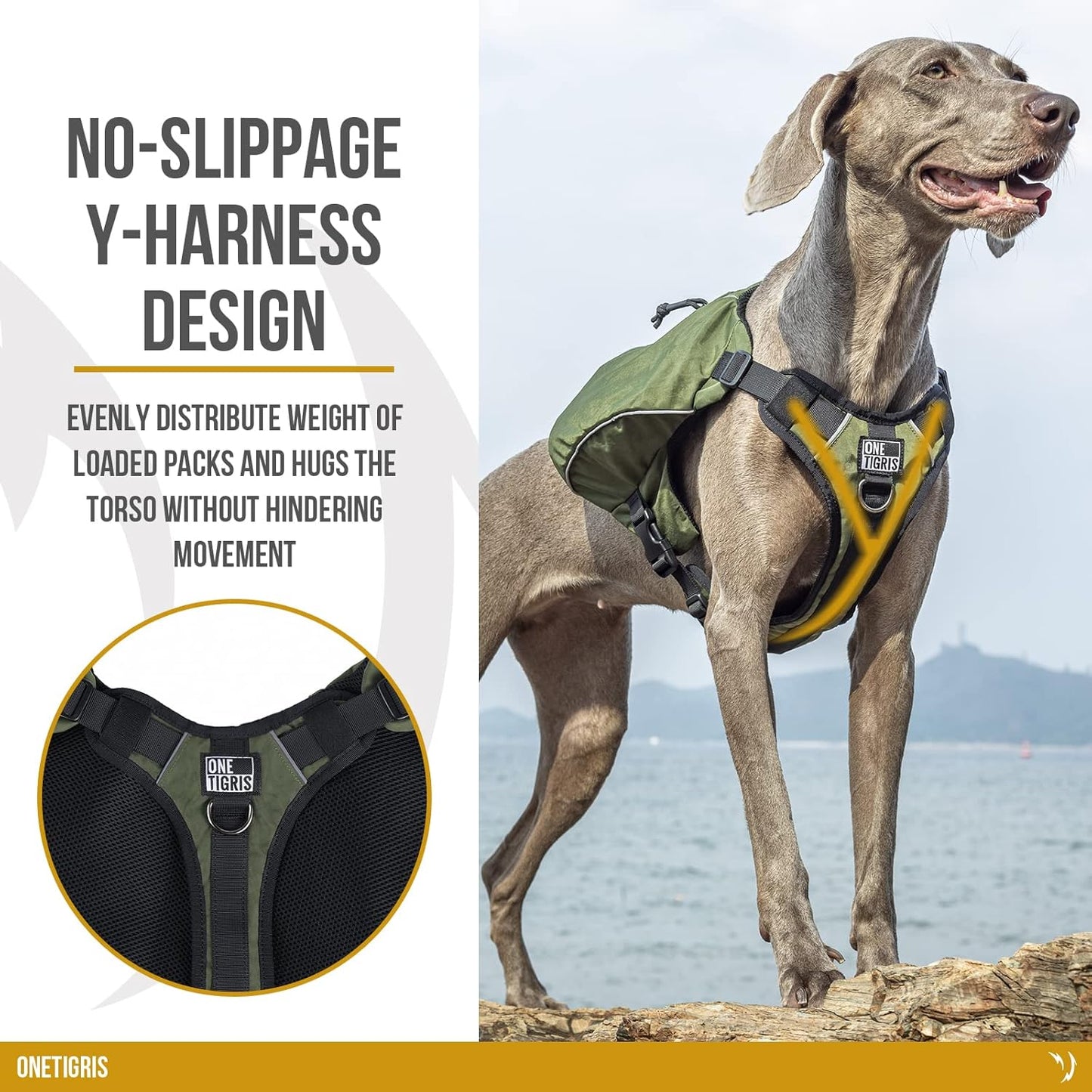 Y-Shaped Dog Backpack with Handle – Lightweight Hiking Pack with Pockets & No-Pull D-Rings (Large, Green)