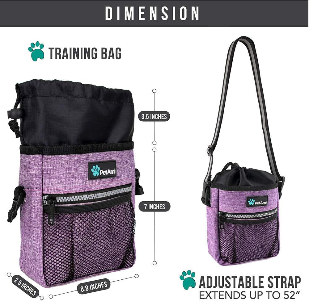 Dog Treat Pouch | Dog Training Pouch Bag with Waist Shoulder Strap, Poop Bag Dispenser and Collapsible Bowl | Treat Training Bag for Treats, Kibbles, Pet Toys | 3 Ways to Wear (Purple)