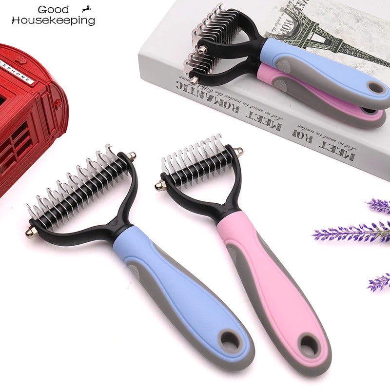 Fur Knot Cutter Dog Grooming Shedding Tool – Double-Sided Pet Hair Removal Comb Brush