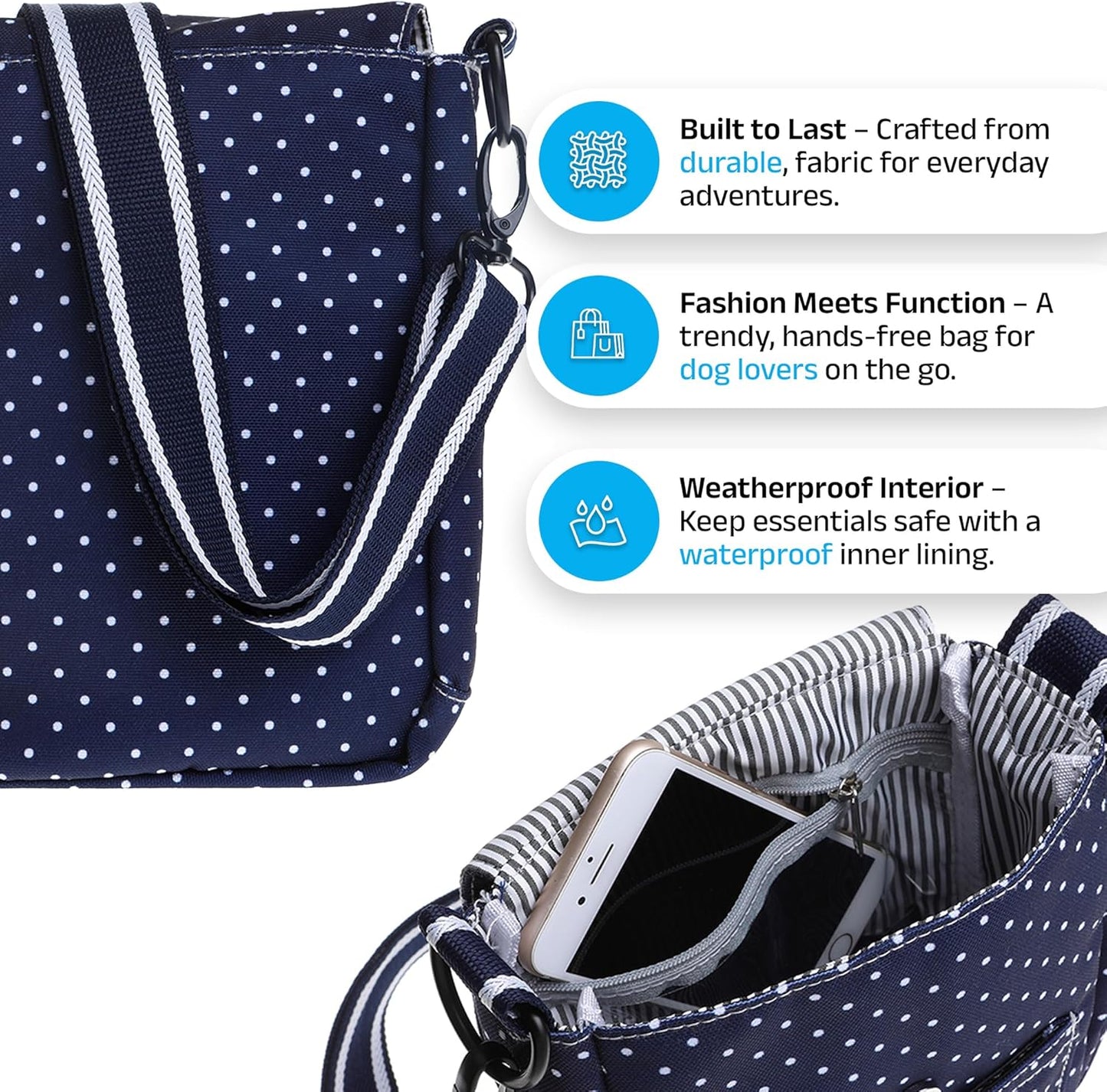 Large Shoulder Bag for Dog Walks – Waterproof Lining, Waste Bag Dispenser & Bottle/Tennis Ball Holder