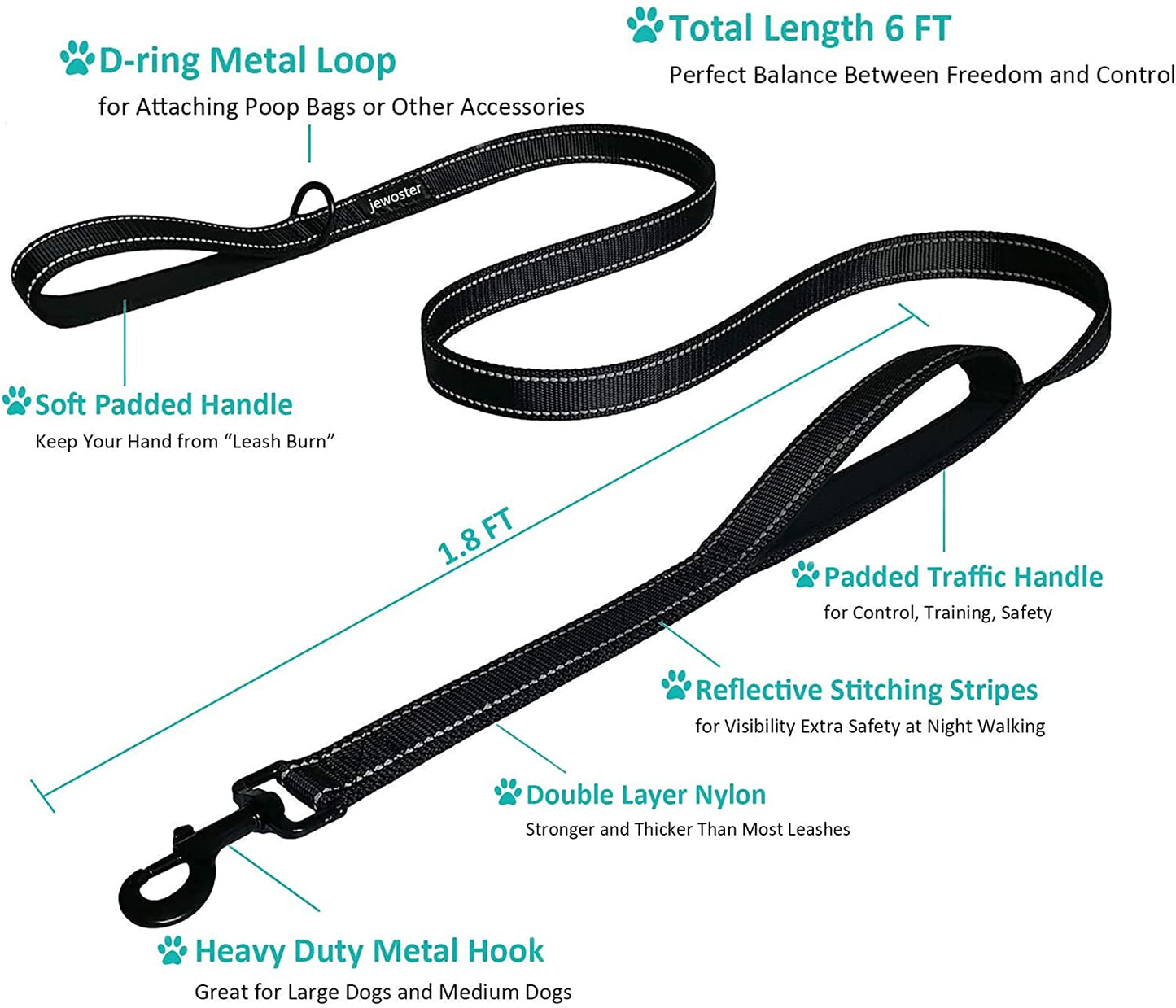 Heavy Duty Dog Leash with 2 Handles – 6 Ft Leash with Padded Traffic Handle for Extra Control (Black)
