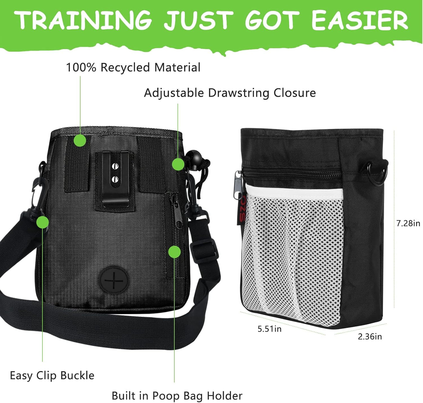 Dog Treat Pouch with 2 Clickers – 3 Ways to Wear for Hands-Free Pet Training