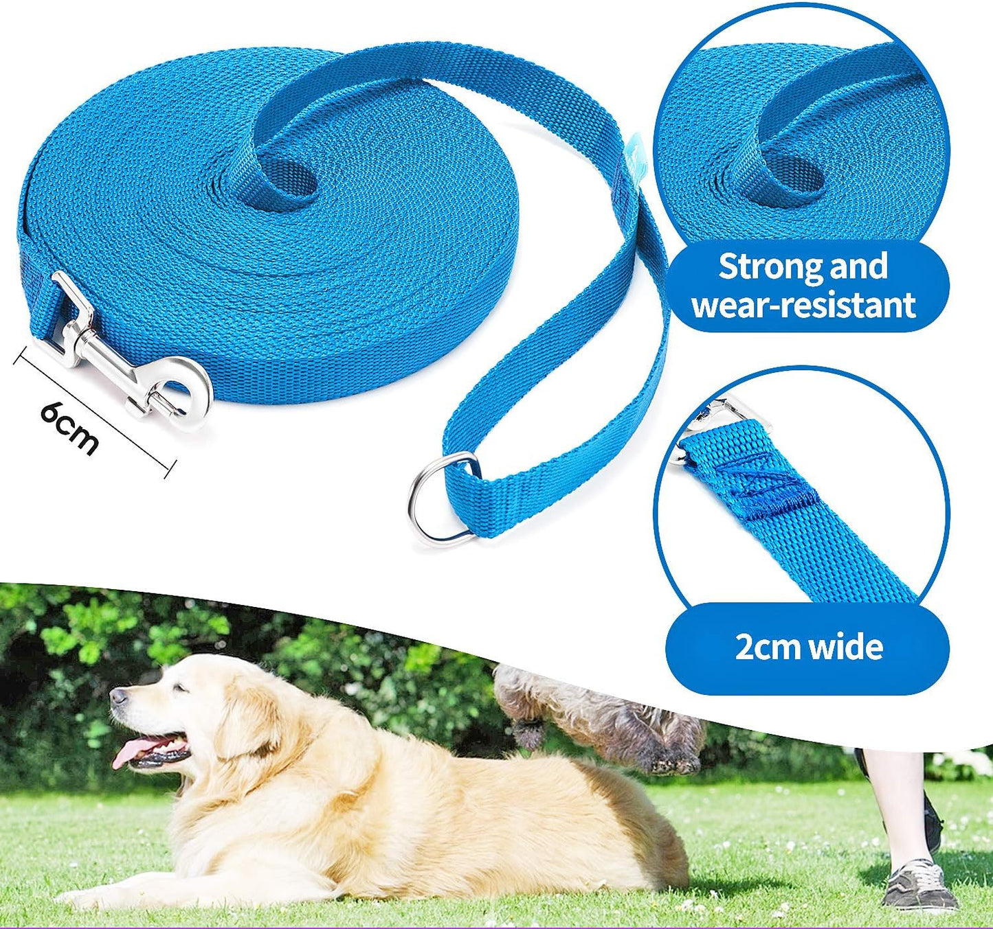Long Dog Training Leash with Clicker – Durable Lead for Small, Medium & Large Dogs 15, 20, 30, 50, 100 FT