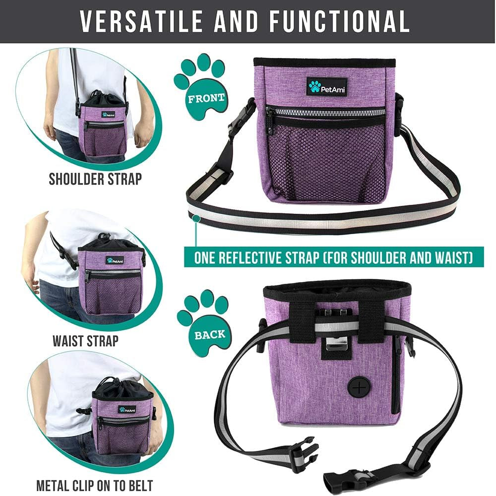 Dog Treat Pouch | Dog Training Pouch Bag with Waist Shoulder Strap, Poop Bag Dispenser and Collapsible Bowl | Treat Training Bag for Treats, Kibbles, Pet Toys | 3 Ways to Wear (Purple)