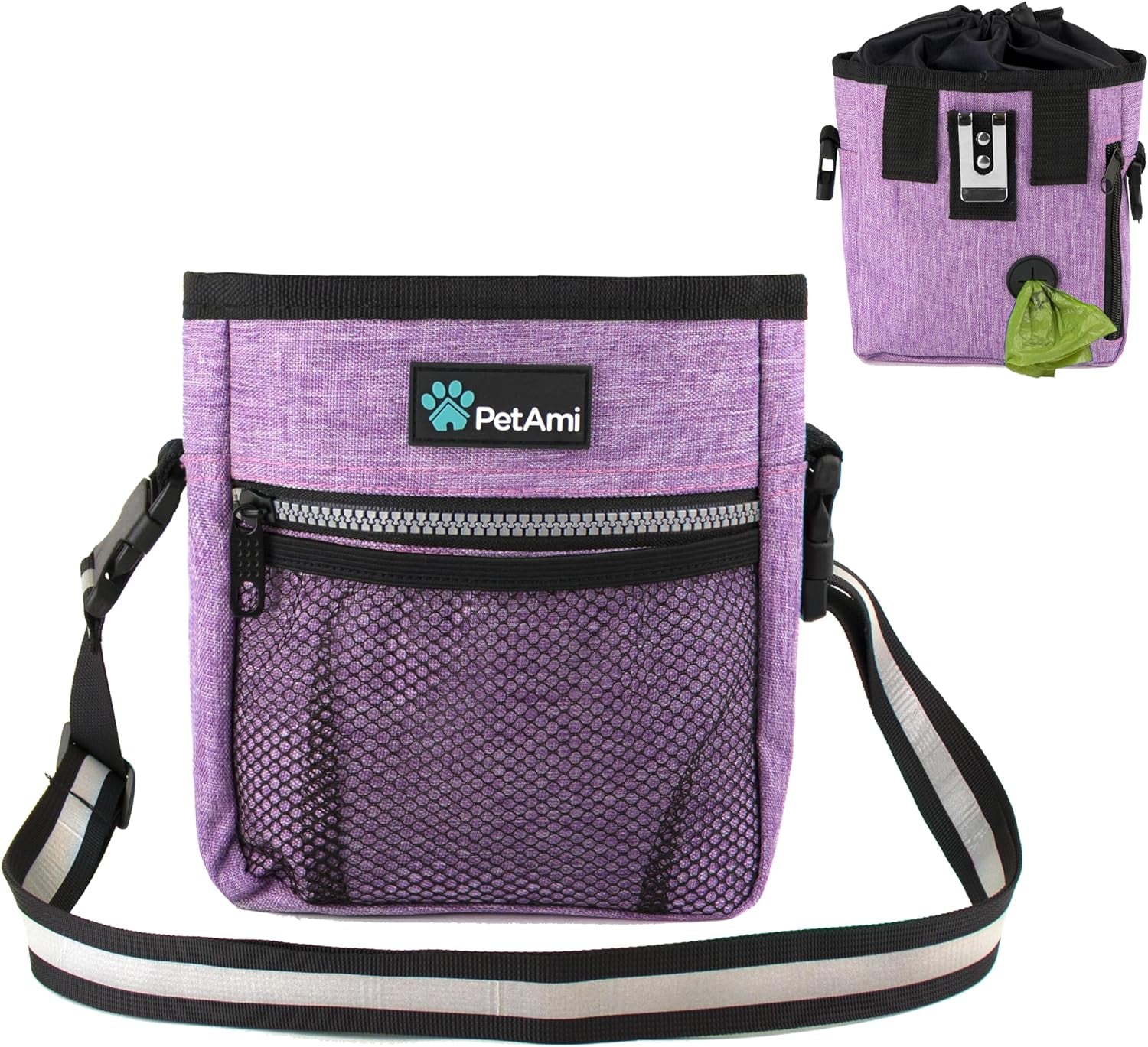 Dog Treat Pouch | Dog Training Pouch Bag with Waist Shoulder Strap, Poop Bag Dispenser and Collapsible Bowl | Treat Training Bag for Treats, Kibbles, Pet Toys | 3 Ways to Wear (Purple)